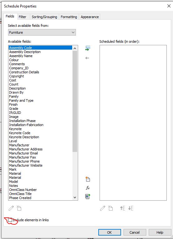 Embedded furniture schedule from a linked file to room schedule