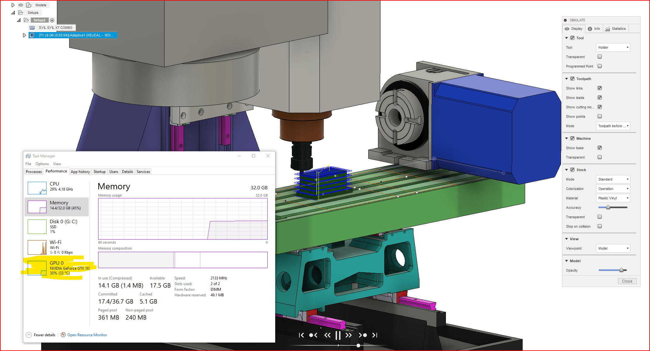 CAM machine simulation slow, GPU idle? Autodesk Community