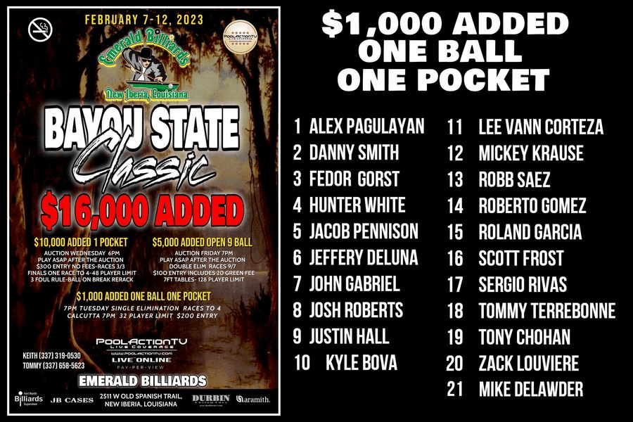 Bayou State ClassicFebruary 712Emerald Billiards New Iberia
