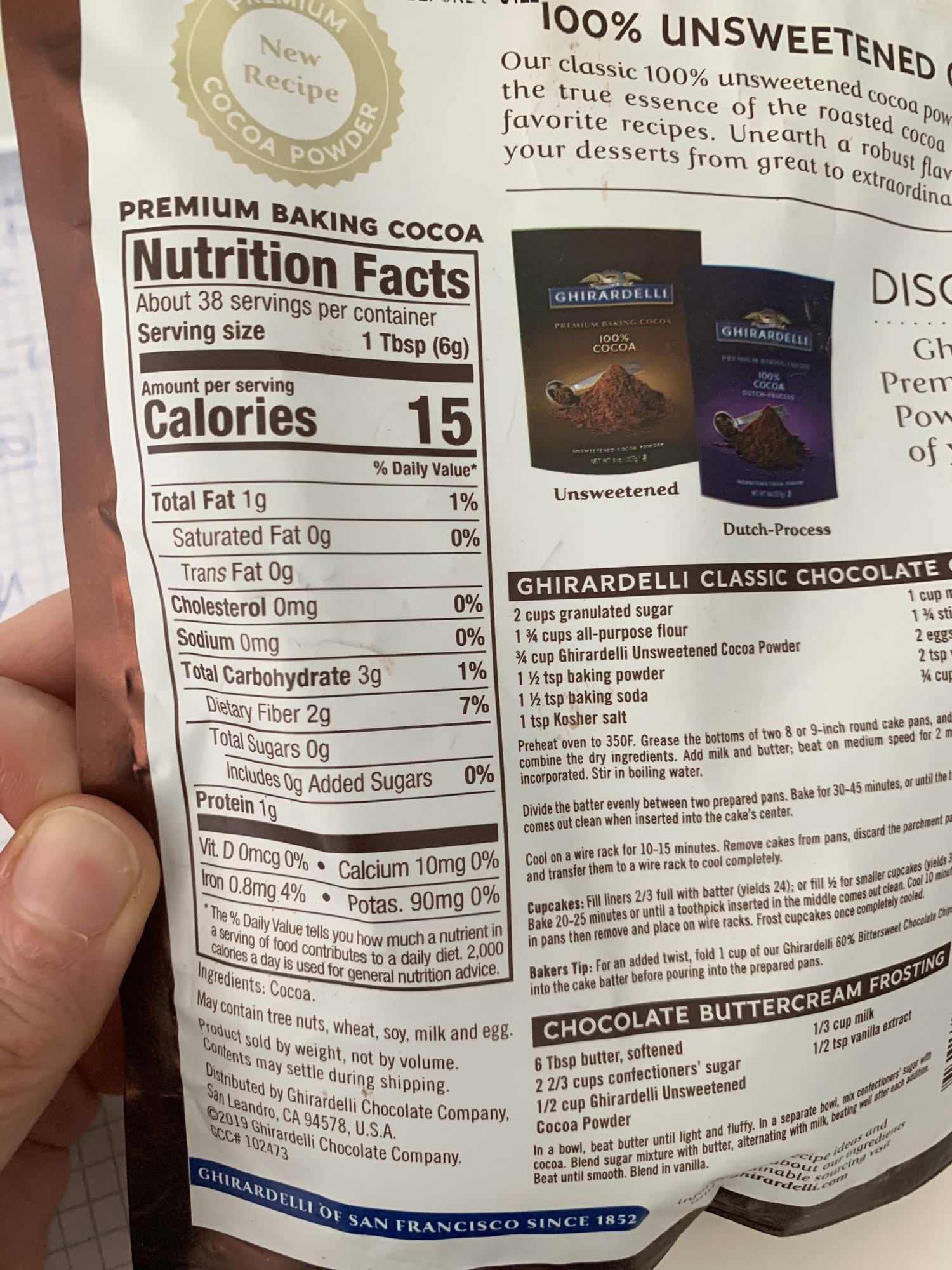 Ghirardelli unsweetened cocoa nutritional data Pastry & Baking