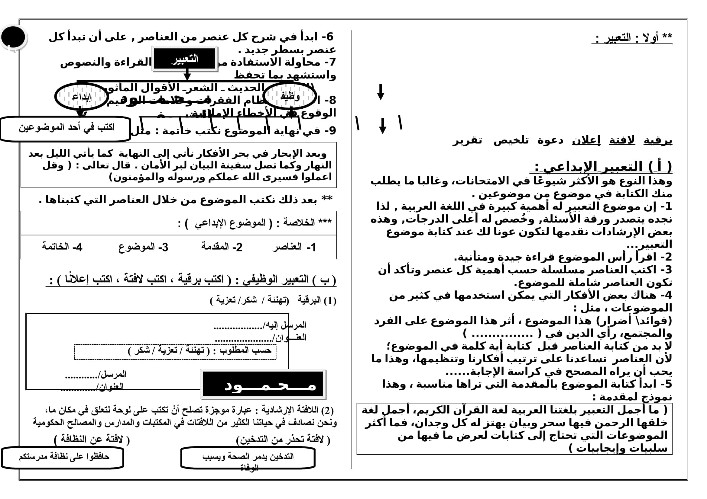 مذكرة تفاعلية في اللغة العربية للصف الأول الاعدادى الترم