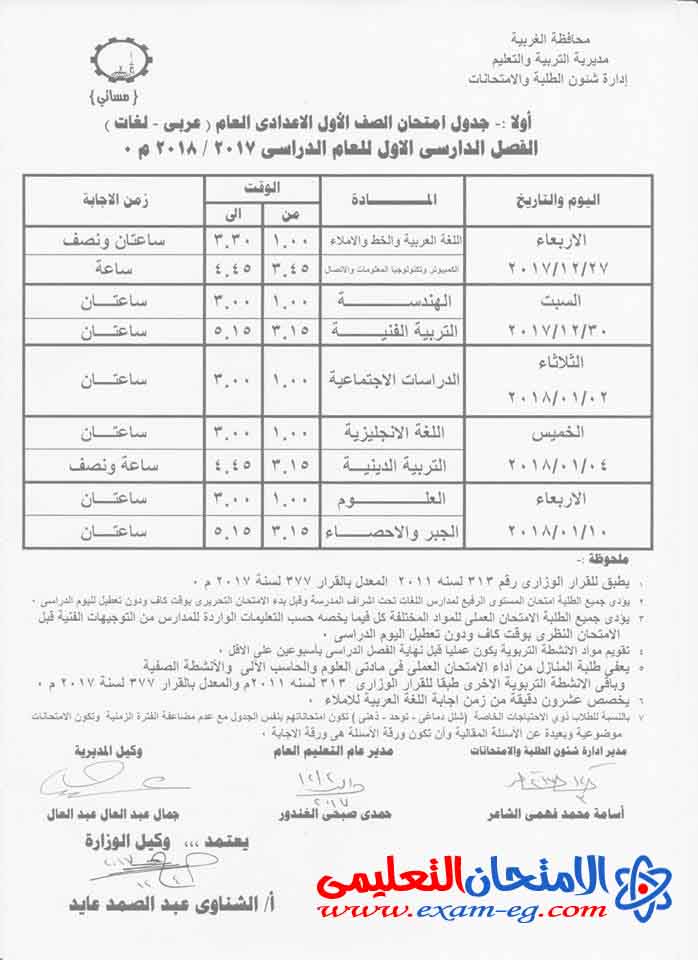 جداول امتحانات محافظة الغربية 2018 الترم الاول لجميع
