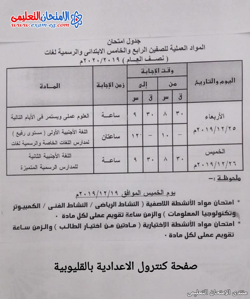 جداول امتحانات محافظة القليوبية الترم الأول 2020 لجميع