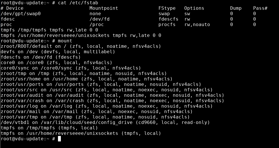 Solved tmpfs in fstab w/ zfs root and then no boot! The FreeBSD Forums