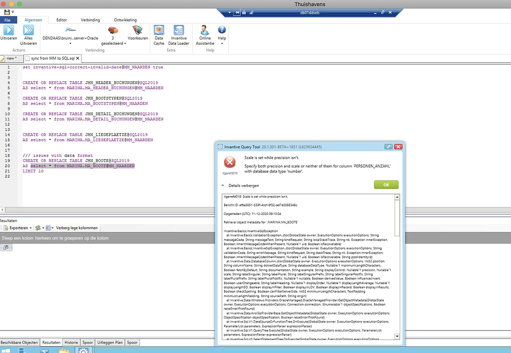 Query Tool / Oracle itgenefd016 Scale is set while precision isn't