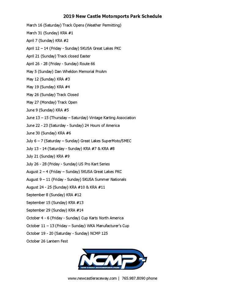 2019 New Castle Motorsports Park, KRA Schedule Karting Events and