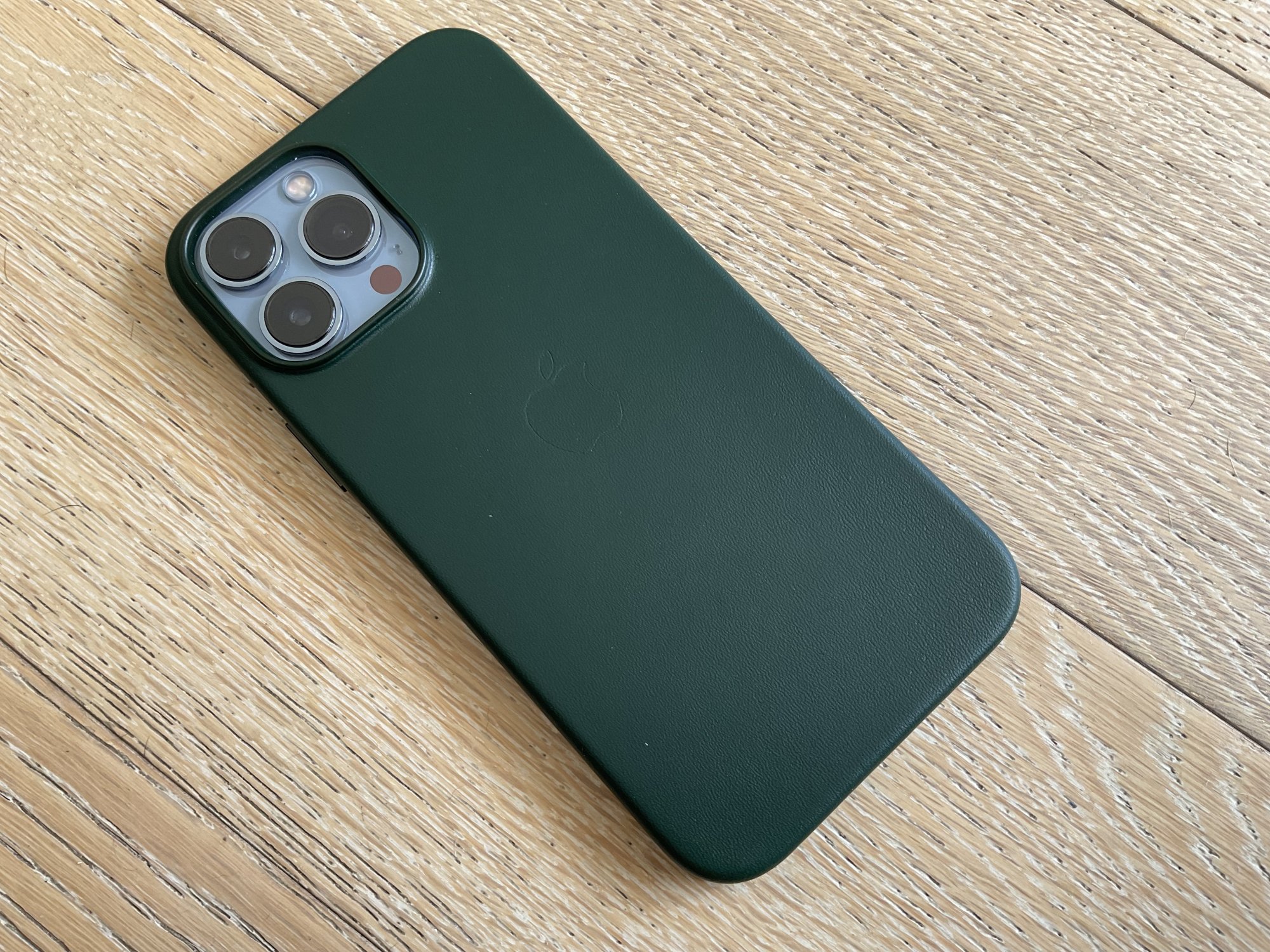 Apple iPhone 13 pro leather, sequoia green case, MagSafe battery, and