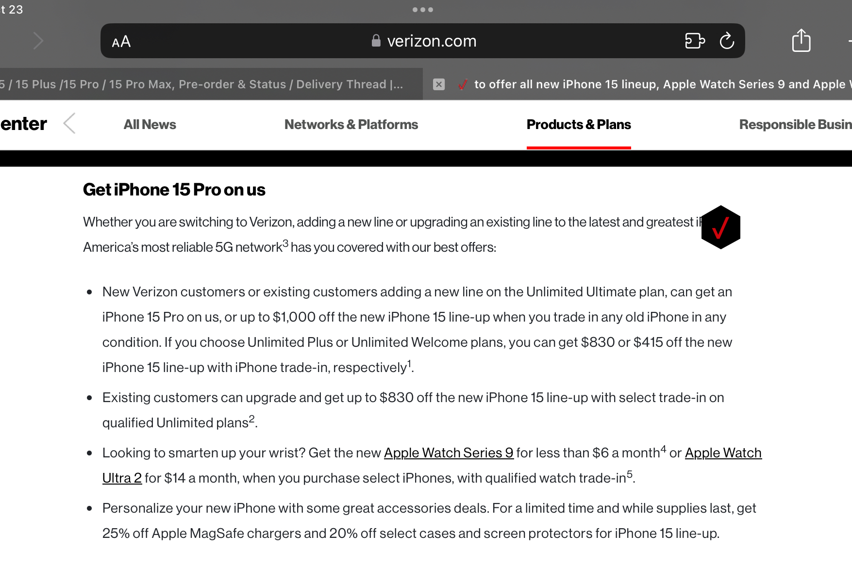 Verizon iPhone 15 / 15 Plus /15 Pro / 15 Pro Max, Preorder & Status