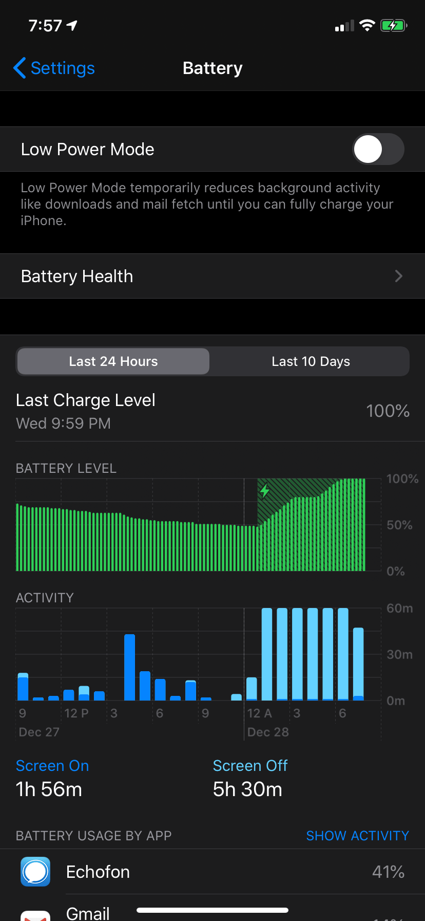 iOS 13.3, High "Screen Off" time on battery while charging overnight