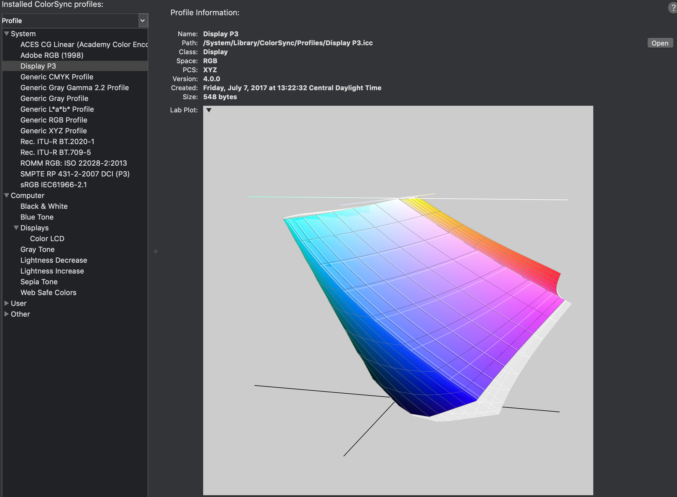 2018 MacBook Pro display color gamut wider than Display P3