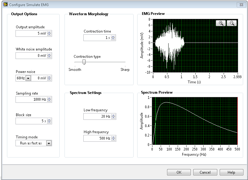 LabVIEW Biomedical Toolkit, Simulated EMG with MNF NI Community