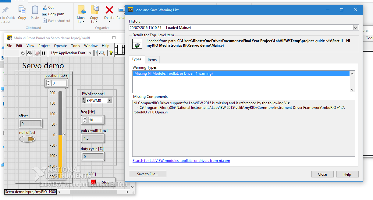 Solved myRIO Servo Demo not working Servo sweeps back and forth NI