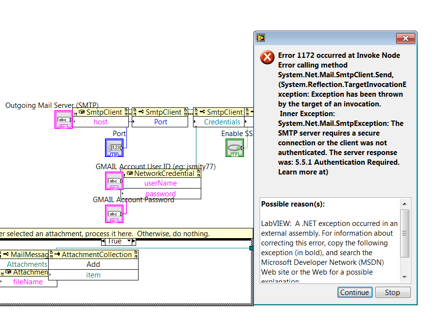 Send email on labview using the Gmail Server (TLS) NI