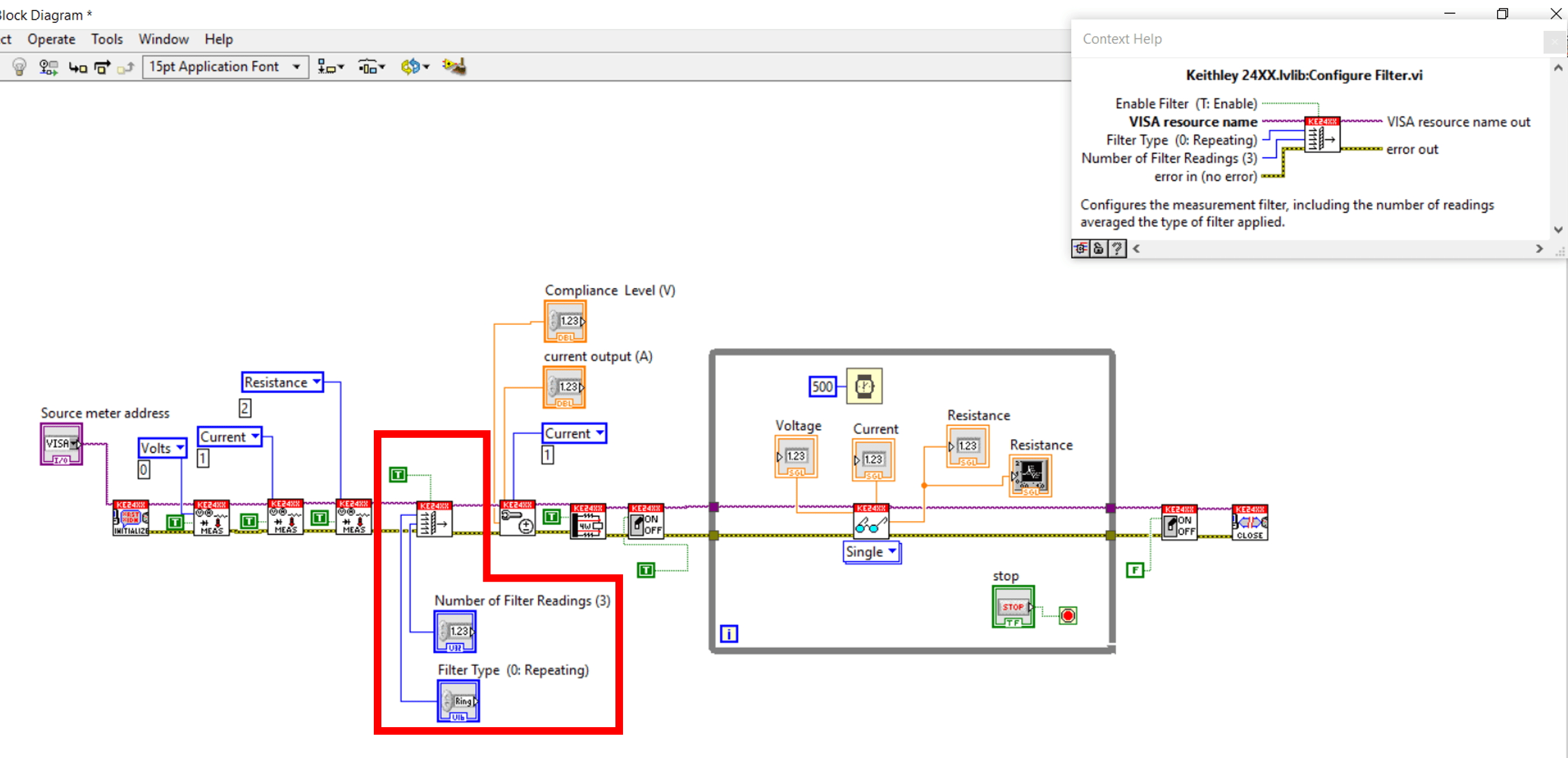 how to use the configure filter.vi for continuous