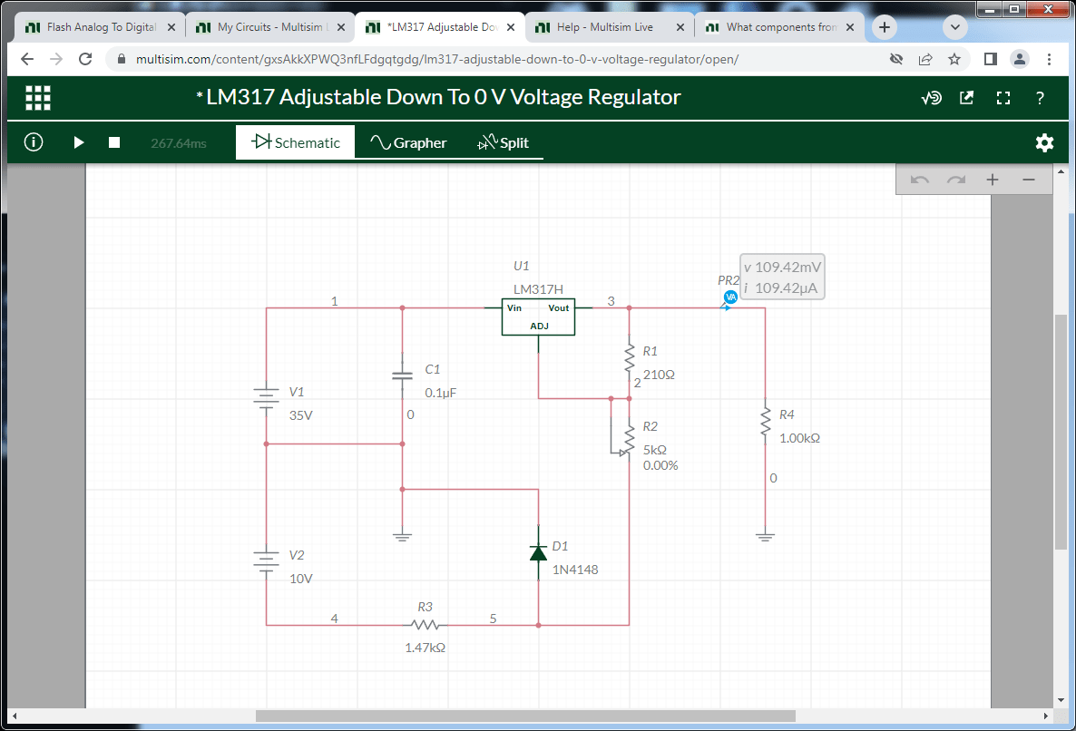 What components from MultiSim to use, to set voltage input, output and adjust in this 0V to 30V