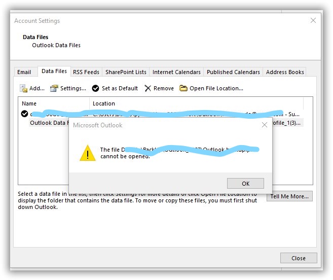 Outlook 2016 Unable to load Outlook data pst file
