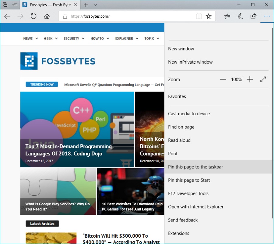 How To Pin A site To The Taskbar In Windows 10?
