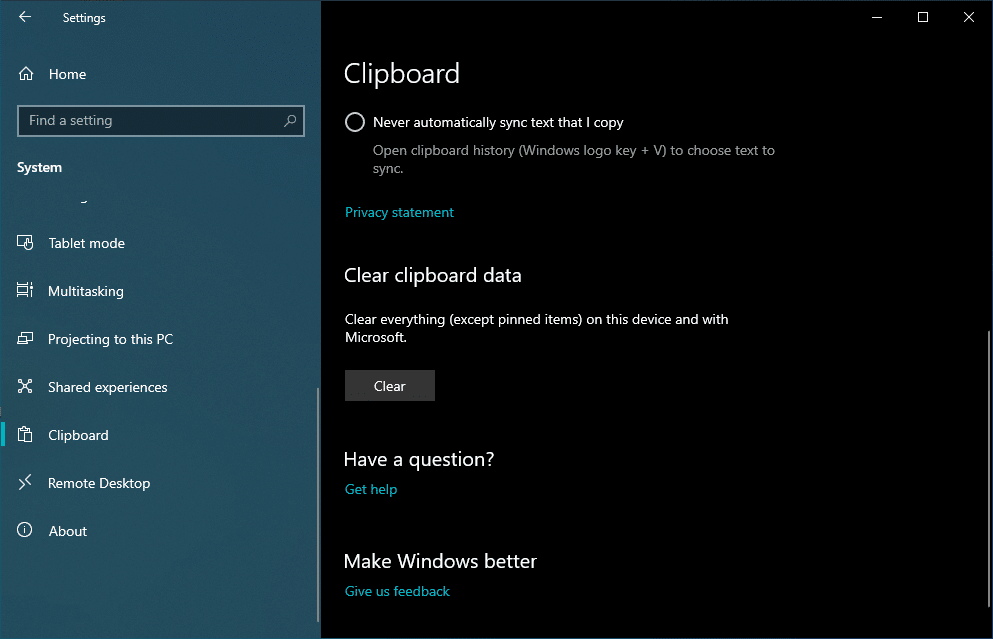 clear clipboard Windows 10
