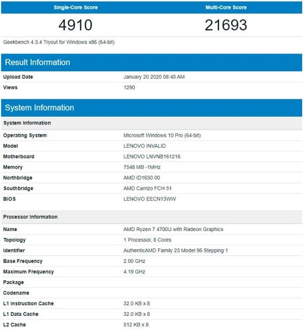 AMD Ryzen 7 4700U Geekbench Score Standing Tall Against Intel