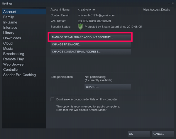 enable steam guard account security