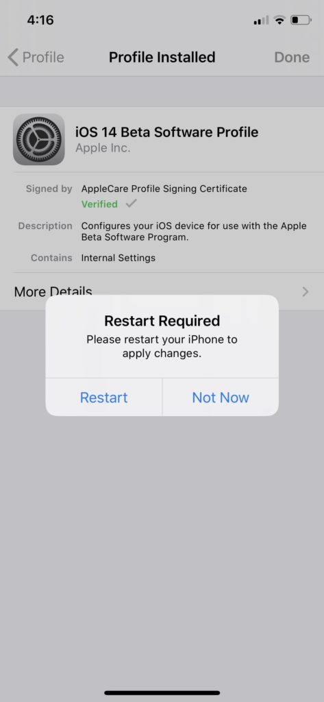 Restart iOS 14 beta