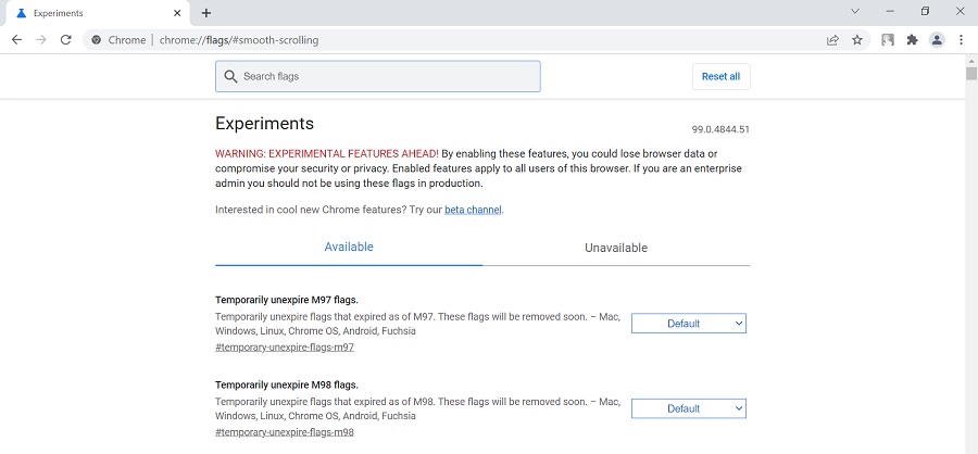 A snapshot of Google Chrome&rsquo;s Experiments page.