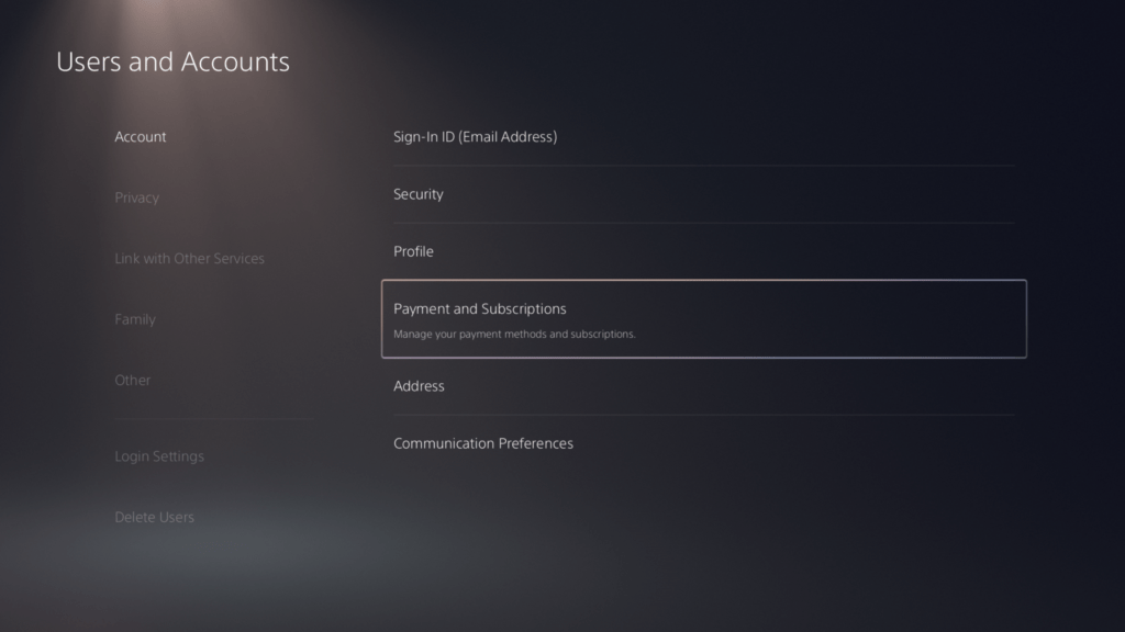 payment and subscriptions PS5