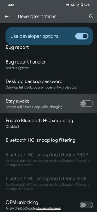Screenshot of Stay Awake setting in developer options