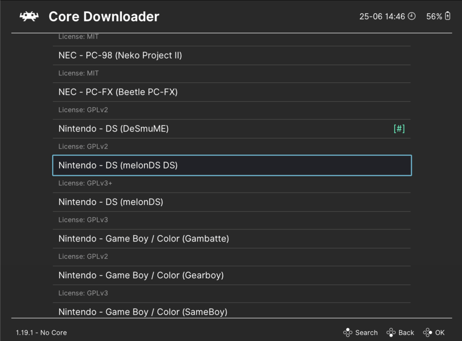 Screenshot of the console list