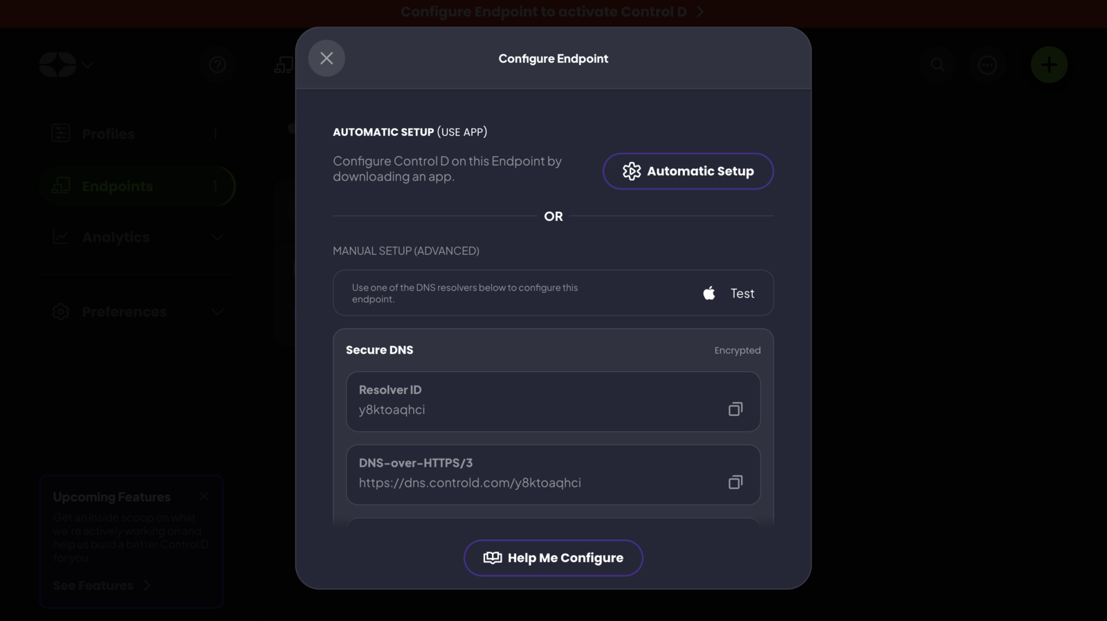 Screenshot of the help me configure screen on Controld