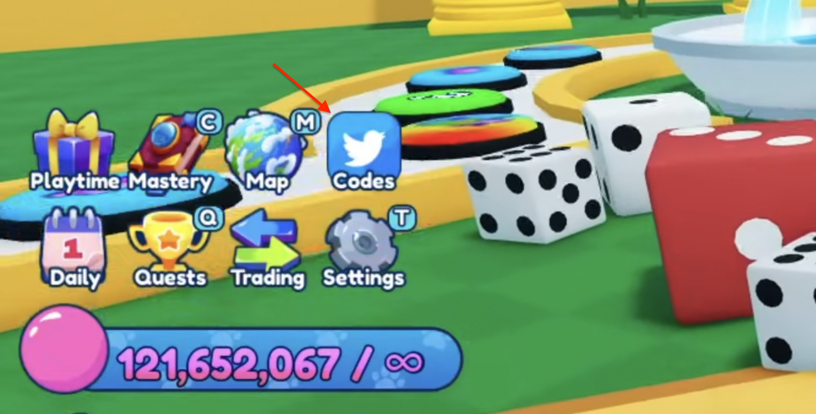 Image of the codes button in bubble gum simulator infinity
