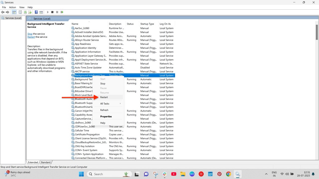 Image to restart background services and fix the Windows Update Error 0x80070643