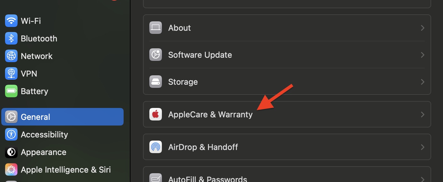 Image of the Apple Care and Warranty section in settings