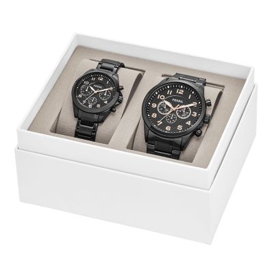His and Her Chronograph Black Stainless Steel Watch Gift Set Fossil