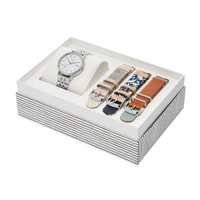 Vintage Muse Stainless Steel and Leather Watch Box Set Fossil