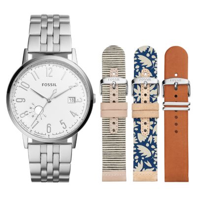 Vintage Muse Stainless Steel and Leather Watch Box Set Fossil