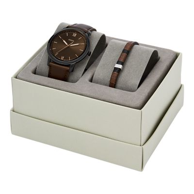 Minimalist ThreeHand Brown Leather Watch and Bracelet Box Set Fossil
