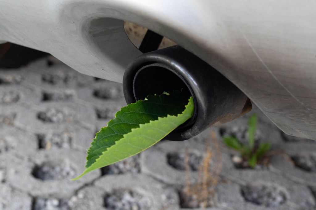 Fuel efficient car muffler with a green leaf Creative Commons Bilder