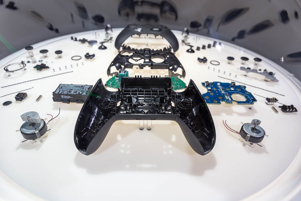 Inner workings of Elite 2 Series game controller, disassembled into