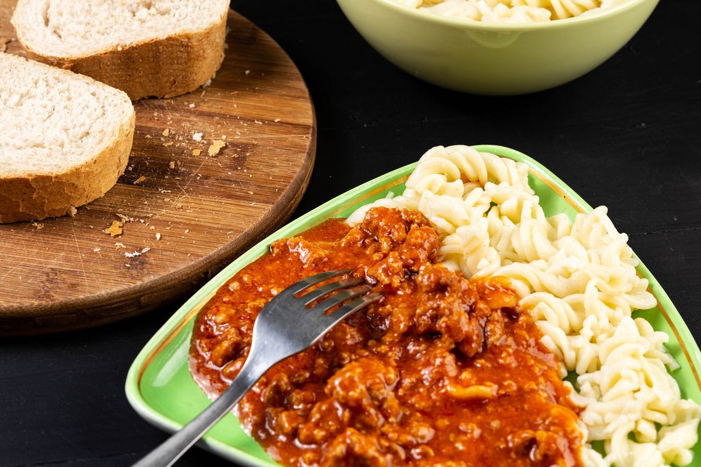 Vegan Bolognese made of sunflower seeds, prepared with tomato sauce and