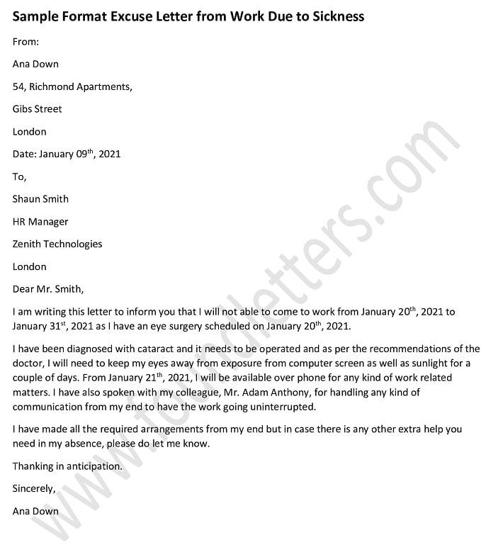 excuseletterfromworkduetosickness FoundLetters Sample Letters