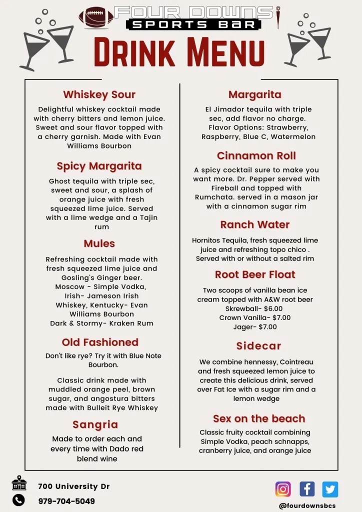 Drink Menu Four Downs Sports Bar