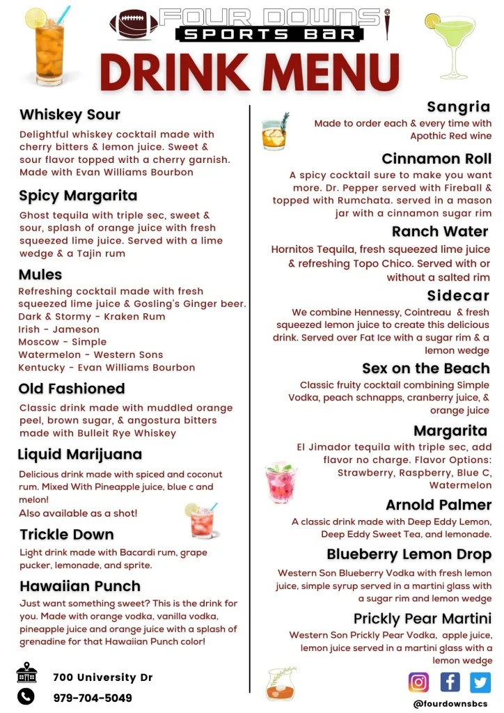 Drink Menu Four Downs Sports Bar
