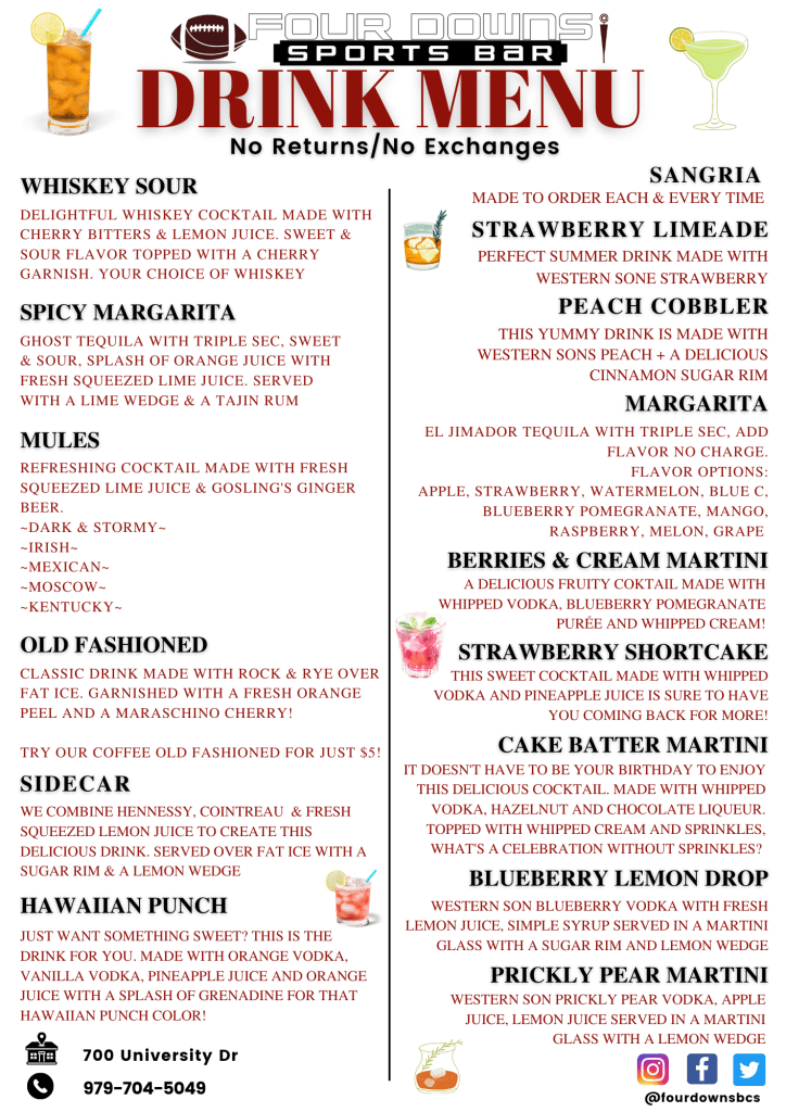 Sports Bar Drink Menu