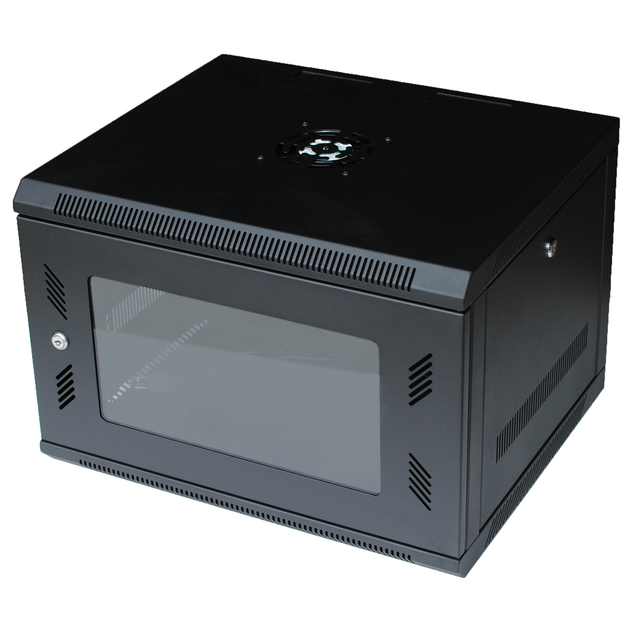 120273BK 6U Wall Mount Rack w/Locking Glass Door & Cooling
