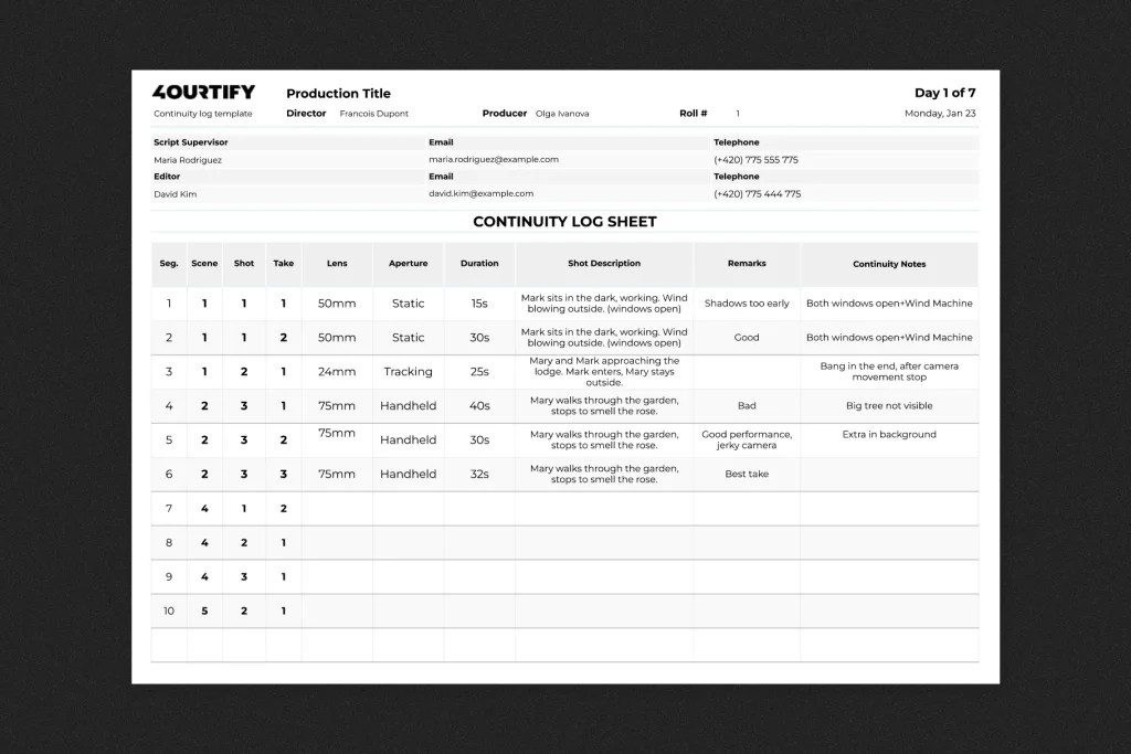 Continuity Log Sheet Template Fourtify
