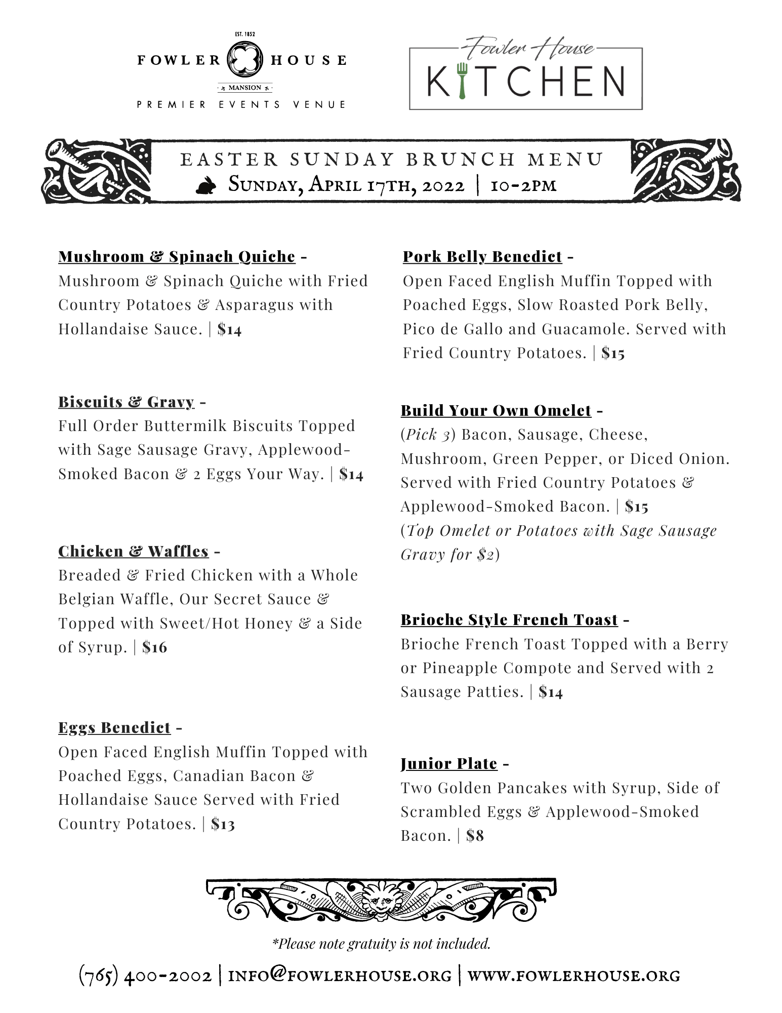 Brunch Menu Fowler House Mansion