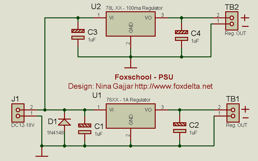 Fox Delta School Projects:: Simple 1A and 100ma Regulated Power Supply