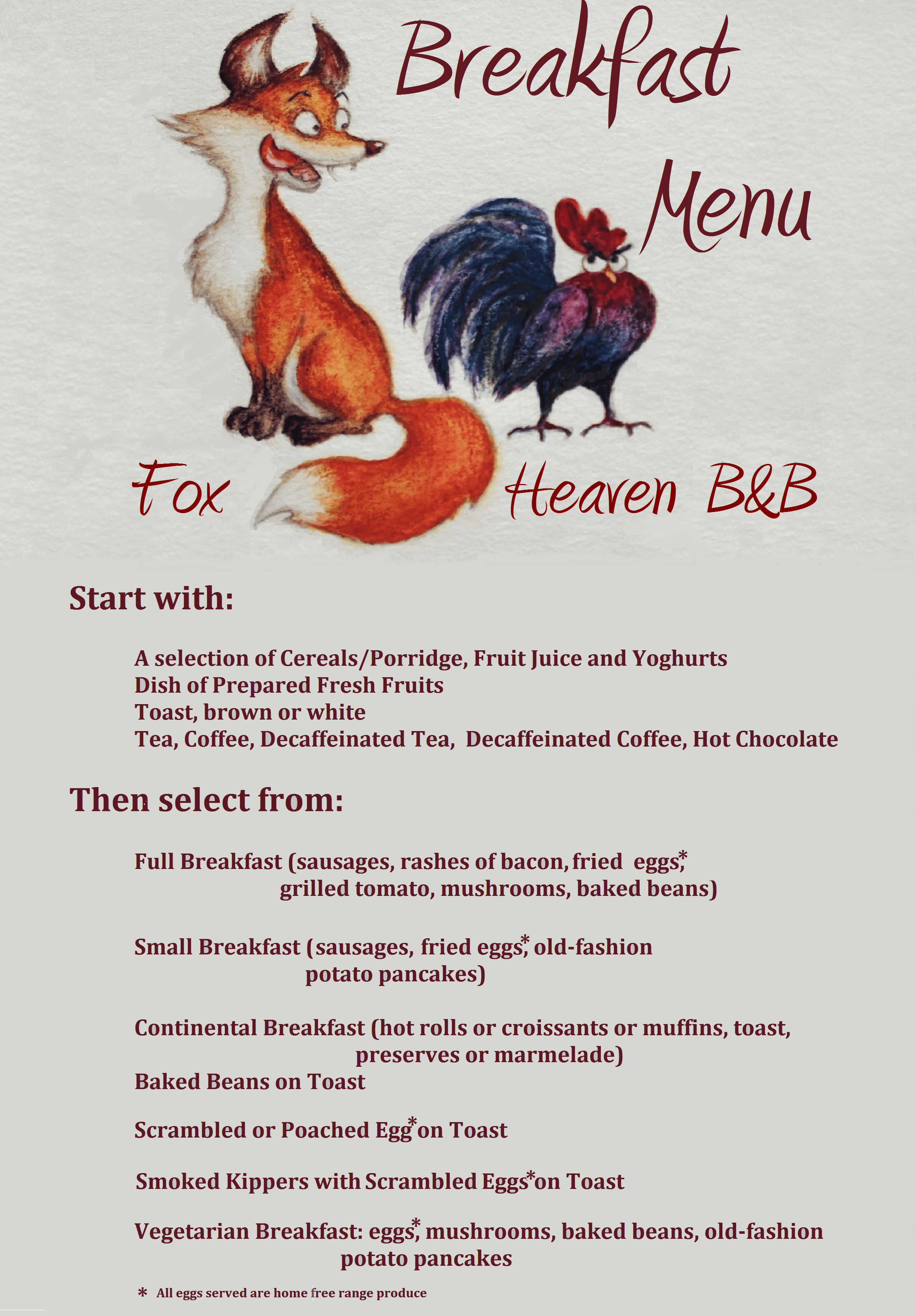 Sample Menu Fox Heaven B&B