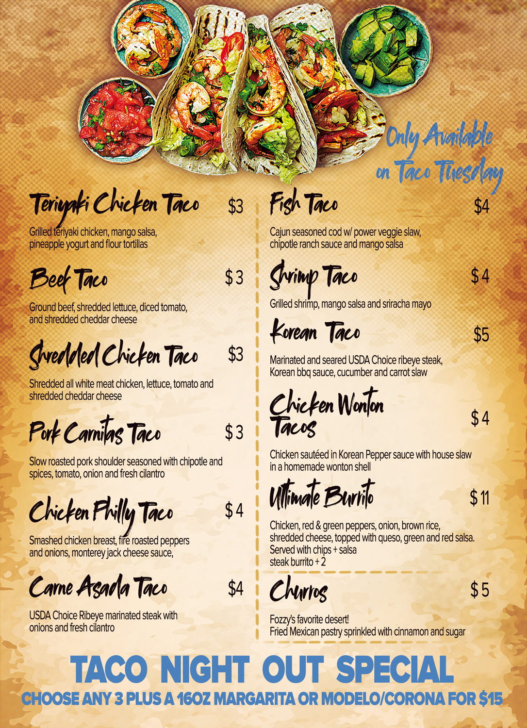 Taco Tuesday Menu Fozzys